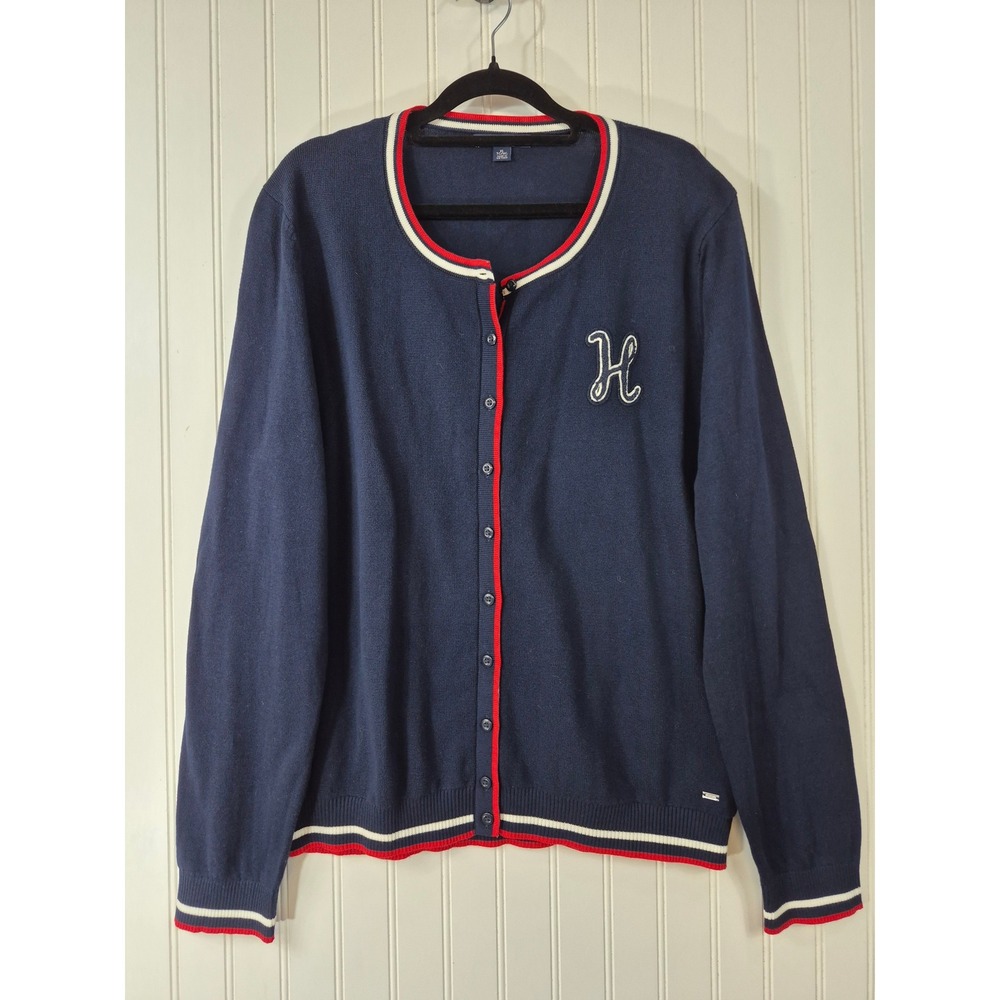 Tommy Hilfiger Womens XL Navy  Varsity Stripe Cardigan Sweater H Patch Preppy